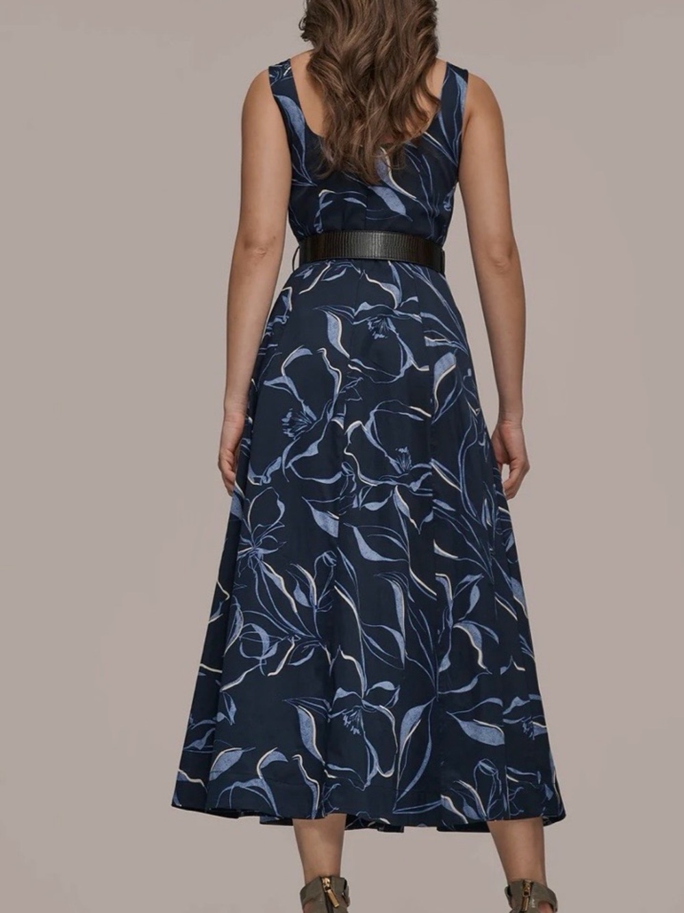 Donna Karan Navy Floral Maxi Dress with Light Blue Print and Brown Belt - Picture 2 of 8